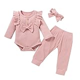 YQYJA Neugeborenes Baby Mädchen Kleidung Set Solide Lange Fliegen Ärmel Strampler Overall Hosen Bowknot Headwear 3 Stück (Rosa, 18-24 Monate)