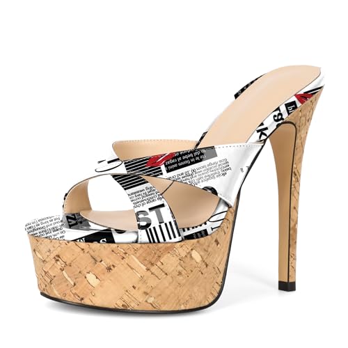 Image of Esvowido Heeled Mules for Women Cork Platform Stiletto Heels Slip on Open Toe High Heeled Sandals Crisscross Slippers Pumps Shoes