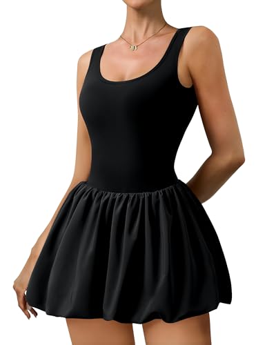 Athletic Dress for Women Bubble Hem Tennis Dress with Pockets U Neck Sleeveless Dress with Built in Shorts Black