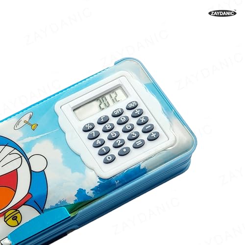 Image of Doraemon Pencil Box Integrated Sharpener and Calculator, Magnetic Lock, Dual Compartments, Cartoon Stationery Case School Kit for Girls, Kids, Students Combo Set of 5in1