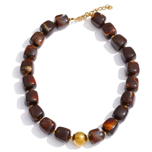 Mchic Amber Beaded Strand Necklace for Women: Adjustable Boho Chunky Acrylic Square Bead Choker Handmade Summer Beach Jewelry Stainless Steel Necklace Unique Gift for Her