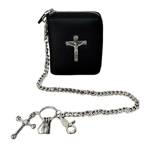 ABC STORY Mens Vintage Gothic Jesus Cross Biker Wallet with Zipper Coins Pocket Black