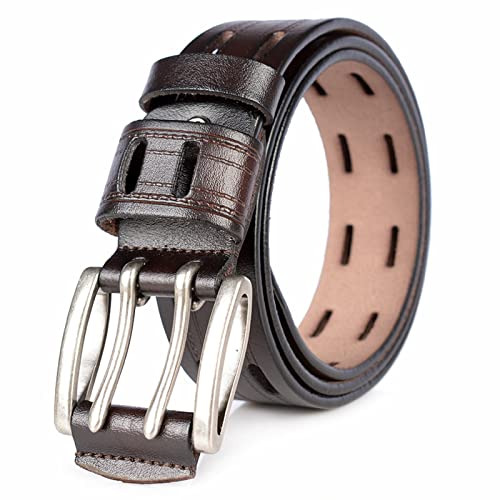 Double Prong Leather Belt Stitched,Two Prong Buckle,Work or Casual Heavy Duty Grommet Holes Belt for Men Women Unisex(120cm/waist:41