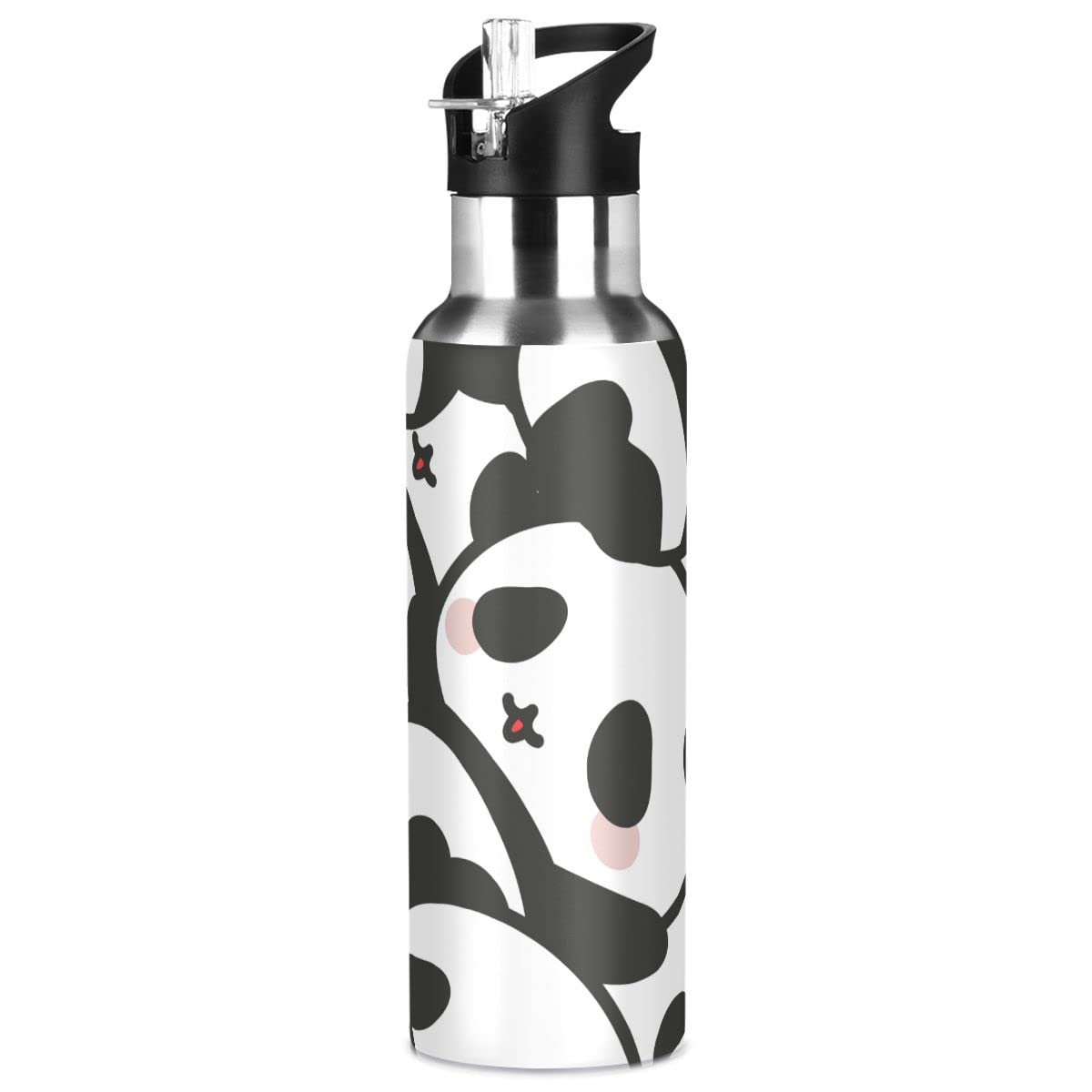 Edelstahl Wasserflasche mit Strohhalm, schöne Kawaii Panda isolierte Trinkflasche Sport Wasserflasche für Kinder Erwachsene, auslaufsicher, 1L