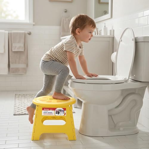 Image of Folding Step Stool 9 Inch, Sturdy Collapsible Step Stool Foldable Up to 265 lb for Kids Toddlers & Adults, Non Slip Foot Stools with Handle for Kitchen, Bathroom, Bedroom, Outdoor, Lemon Yellow