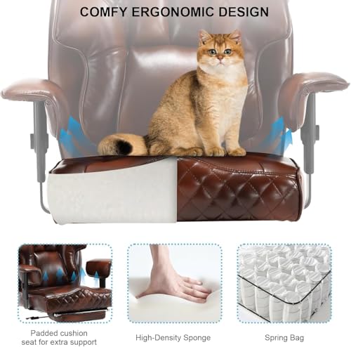 Image of 500LBS Big and Tall Office Chair, Reclining Office Chair with Footrest, Heavy Duty Executive Chair with Adjustable Armrests, PU Leather Extra Wide Seat Ergonomic Computer Desk Chair, Brown