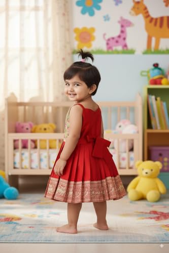 Image of South Indian Traditional Pattu Pavadai Jacquard Frock Dress for Baby Girls