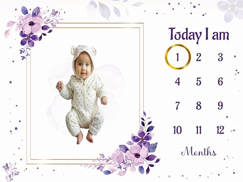 Image of Baby Monthly Milestone Blanket | 1-12 Months | Soft All-Season AC Blanket | Ideal for Newborn Boys & Girls | Perfect Growth Tracker & Photoshoot Prop with Purple Floral | 120x90 cm