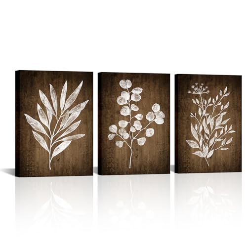 Conipit Rustic Botanical Wall Art Canvas Brown Botanical Painting Minimalist Vintage Leaf Plant Artwork Prints Framed For Living Room Bedroom Wall Decor 12''X16''X3pcs