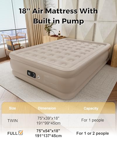 Image of Full Air Mattress with Built in Pump, Single Blpw up Air Bed with Portable Storage Bag, Suitable for Home and Guests, Top Flocking, 18 inch Full Khaki
