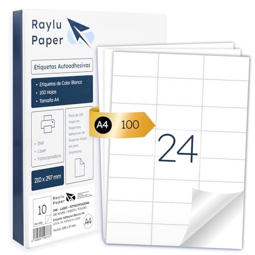 Raylu Paper®   Etiquetas Autoadhesivas A4 Blanco para Imprimir | 100 Hojas de Papel Adhesivo, Compatibles con Impresora Inkjet, Láser y Fotocopiadora | 24 Pegatinas Adhesivas (70 x 37 mm)