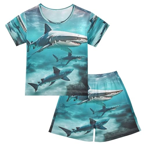 ALAZA Shark Ocean Water Sea Pajamas Set Short Sleeve Cotton Sleepwear Summer Pjs 2 Piece 5-14Y