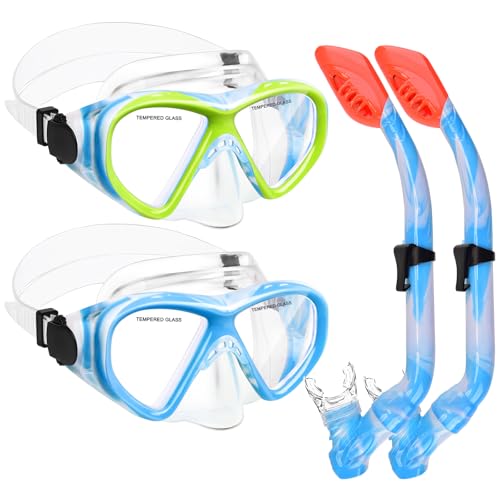 2 Sets Snorkeling Gear for Kids, Kids Snorkel Set for Ages 6-14, Dry Top Snorkel Mask Set for Youth Boys Girls Junior, Tempered Glass Diving Swimming Mask Goggles