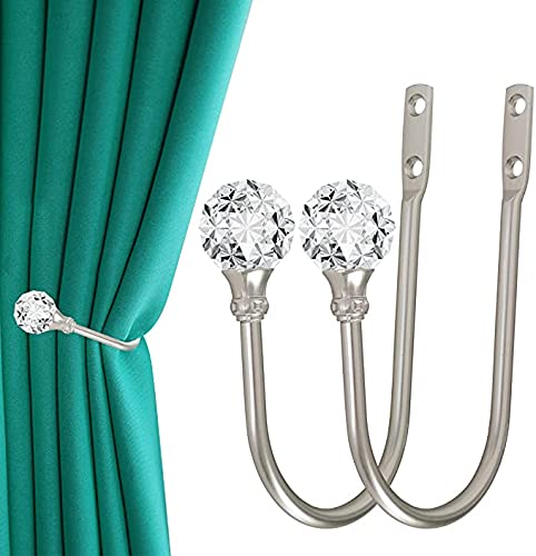 Curtain Holdback, Wall Mounted Drapery Tiebacks with Clear Crystal Ball, Heavy Duty Metal Decorative Window Drapery Curtain Holder Curtain Hooks with Screws (2PCS)