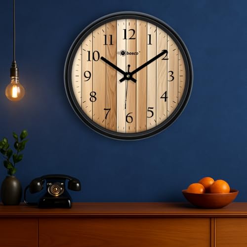 Image of Bosco Decorative Non Ticking Silent, Wooden Colour with Black Frame Elegant 30 CM,Modern Design Round Wall Clock for Home, Living Room, Bedroom, Office and Kitchen | BWC-1249