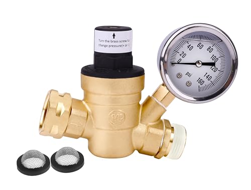 RV Water Pressure Regulator with Gauge Adjustable 3/4' Water Hose Valve - RV Camper Water Pressure Regulator, Trucks, Trailer - Trailer Water Pressure Gauge