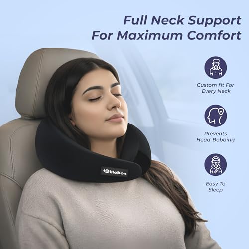 Image of Billebon Gel Infused Memory Foam Neck Pillow with Case, Travel Pillow with Adjustable Velcro Straps, Neck Pillow for Travelling & Flight Travel, Ergonomic Support for Comfort & Pain Relief (Black)