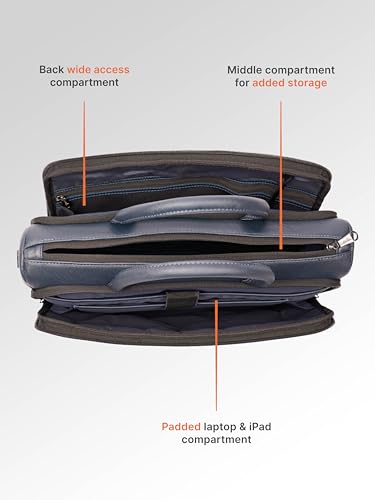 Image of ZOUK Blue Pro Laptop Bag for Men | Vegan Leather Office & Travel Bag with Quilted Design, 15.6-Inch Laptop Compartment, Trolley Sleeve & Shoulder Strap |