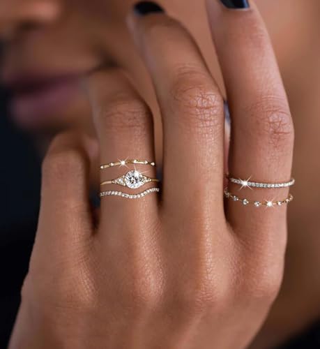 iF YOU Gold Rings for Women Non Tarnish, Dainty 14K Gold Plated Stackable Cubic Zirconia Knuckle Ring Set, Trendy Statement Promise Wedding Bands Stacking Engagement Rings Size 6 7 8 9 103