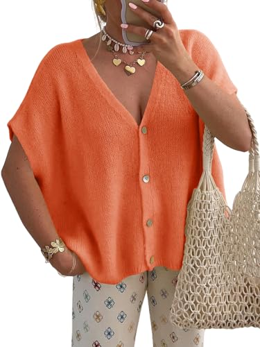 Image of Saodimallsu Womens Summer Oversized Cardigans Batwing Short Sleeve Lightweight Button V Neck Casual Knit Sweater Tops