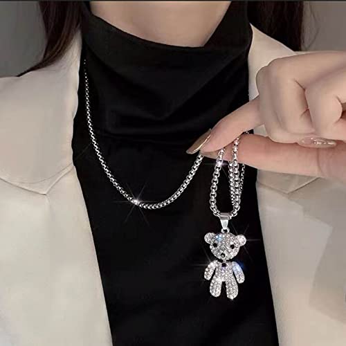 Cubic Zirconia Bear Necklace Full Diamond Teddy Bear Pendant Necklace Silver Long Box Chain Necklace Cute Animal Crystal Bear Necklace Jewelry Gifts for Women2