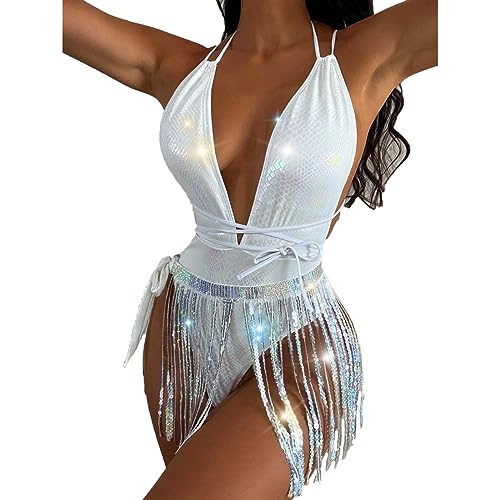 PURFUN 2Pcs Halter Snakeskin One Piece Swimsuit Sparkly Sequins Tassels Set, Women Sexy Deep V Bikini Suit Beach Rave Outfits