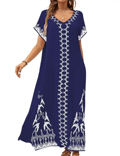 Bsubseach Kaftan Dresses for Women Swimsuit Coverup Beach Caftans Cover Ups Swimwear Loungewear Bird Embroidery
