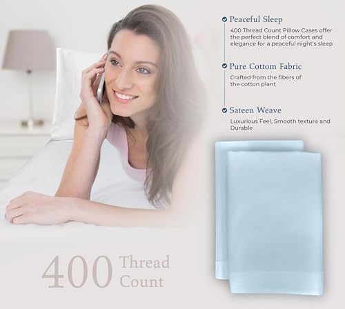 Image of Royale Linens 400 Thread Count 100% American Grown Cotton Queen Pillowcase Set - Luxury Sateen Queen Pillow case - 20 inchx30 inch Inch - Soft & Smooth Set of 2 Blue Pillowcases - (Queen, Caribbean Blue)
