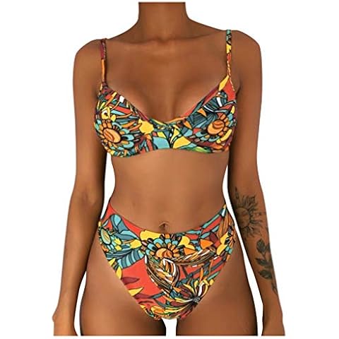 KaloryWee Two-Pieces Sexy Bikini Set for Women Printed Swimsuit Push-Up Tops and Tummy Control High Waisted Briefs Swimwear Cover