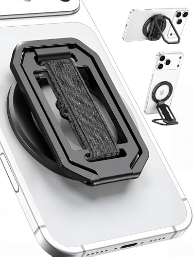 Image of 【On-the-Go】 Pro Aluminum Phone Grip Stand for MagSafe,【Extendable】 360 Rotatable Magnetic Ring Holder with【Anti-Slip】 Finger Strap for iPhone 17 16 Pro Max Portrait Landscape & Mag Safe Case - Black