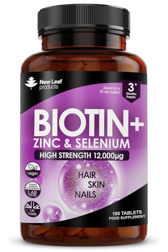 Biotin Hair Growth Vitamins 12,000mcg D-Biotin Tablets Enriched with Zinc & Selenium –Vegan Hair Skin & Nails Vitamins for Women and Men High Strength - 3 Months Supply UK Made - New Leaf