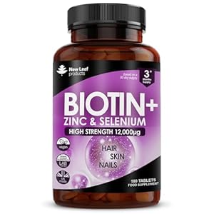 Biotin Hair Growth Vitamins 12,000mcg D-Biotin Tablets Enriched with Zinc & Selenium –Vegan Hair Skin & Nails Vitamins for Women and Men High Strength – 3 Months Supply UK Made – New Leaf