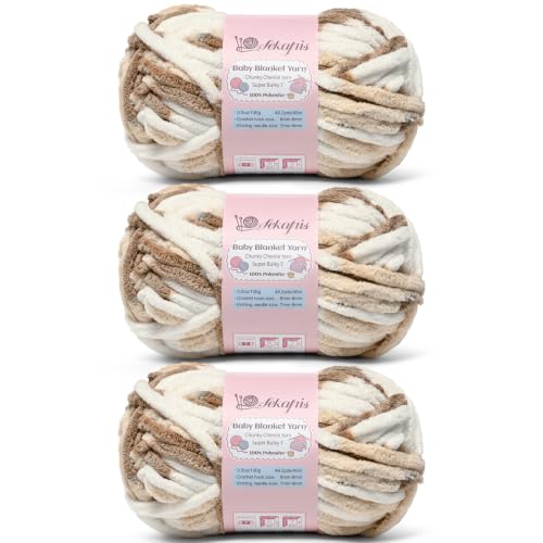 Image of 10.58 oz /147.6 yds Chunky Chenille Yarn for Crocheting, #7 Super Bulky Baby Blanket Yarn for Crocheting Soft, Fluffy Velvet Yarn for Knitting, Amigurumi Crochet Yarn for Crafts (3 White Coffee)