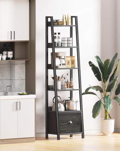 Image of Furologee Bookshelf Set of 2, 6-Tier Ladder Shelf, Ladder Bookshelf with Drawer, Set of 2 Bookshelves, Wood Metal Freestanding Storage Shelf for Living Room, Home Office, Bedroom, Kitchen,Black Oak