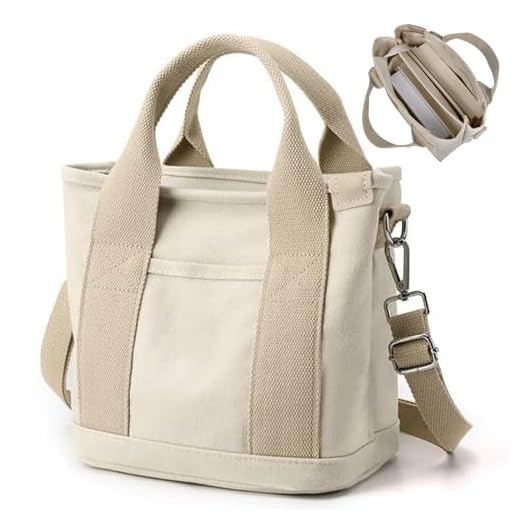 Aucuu Bolso de Lona con Bolsillos para Mujer, Bolso Bandolera Mujer Bolso, Gran Capacidad Bandolera Casual con correa ajustable, para Compras, Viajes de Trabajo - Caqui Pequeño