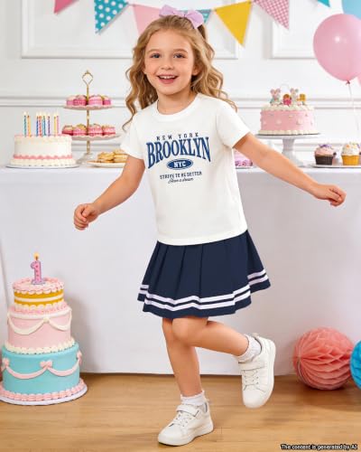 Image of Betusline Girls Skirt Set JK School Uniform 2-Piece Outfit - Short Sleeve & Webbing Solid Skirt,Letter Print,Dark BLue,7-8Years = Tag 140