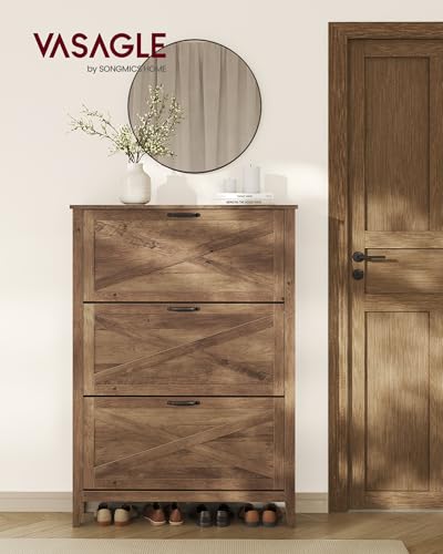 Image of VASAGLE LIRY Collection - Shoe Storage Cabinet Organizer with 3 Flip Drawers, Freestanding Narrow Shoe Rack Cabinet for Entryway, Farmhouse Style, Fits 18 to 24 Pairs, Honey Brown UHSC301KB01S