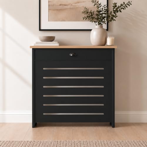 Image of DuraTherm® Radiator Cover Black Painted MDF Cabinet Horizontal Slat Storage Drawers & Shelf, Radiator Cabinets for Office Hallway Living Room Bedroom, Small (H: 96cm / W: 78cm / D: 19cm)
