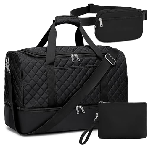 Travel Weekender Bag Duffle Carry On Bags Set 42L Duffel Overnight Tote with Shoe Compartment 3Pcs for Women Men Gym Airplane Trip with Fanny Pack & Makeup Bag(Black- Quilted)