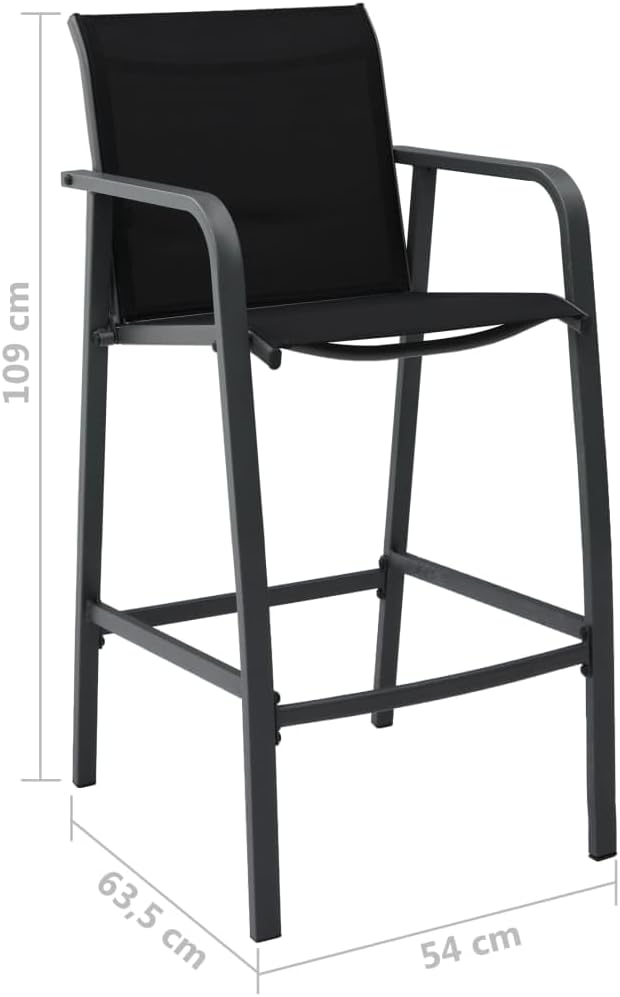 Set of 2 Black Steel Textilene Bar Chairs Outdoor Patio Garden Furniture, Modern Lightweight Weather Resistant Comfy Bar Height Chairs with Cushioned Seat for Garden Patio Balcony