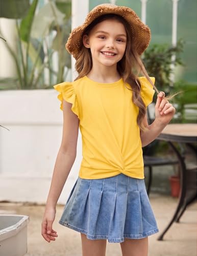 Image of Arshiner Girls Shirt - Short-Sleeve Twist Front T-Shirt for Girls with Cute Flying Sleeves - Summer Blouse Tunic Tee Tops