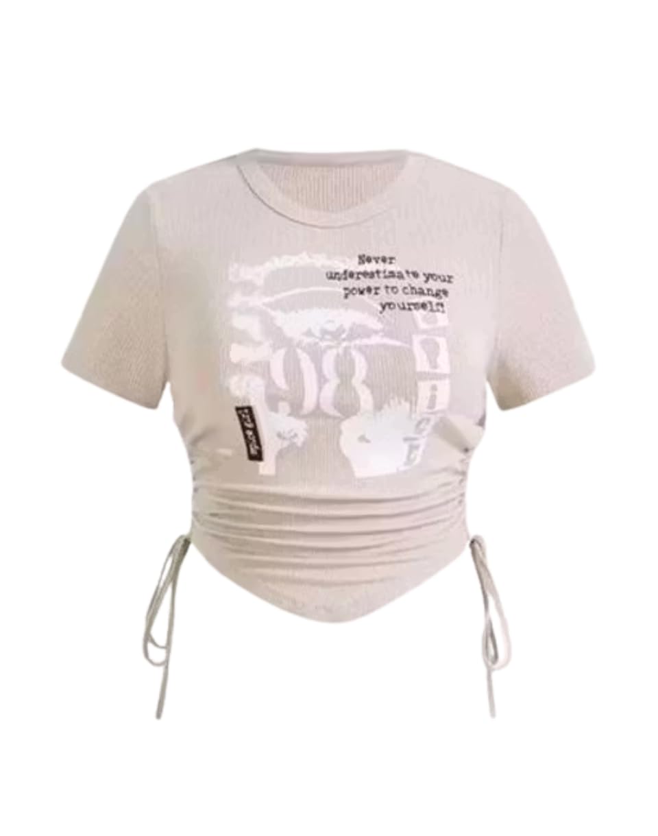 Women's Graphic Crop Top, Ruched Side Tie Drawstring, Slim Fit Stretch Tee, Casual Streetwear-picture-44