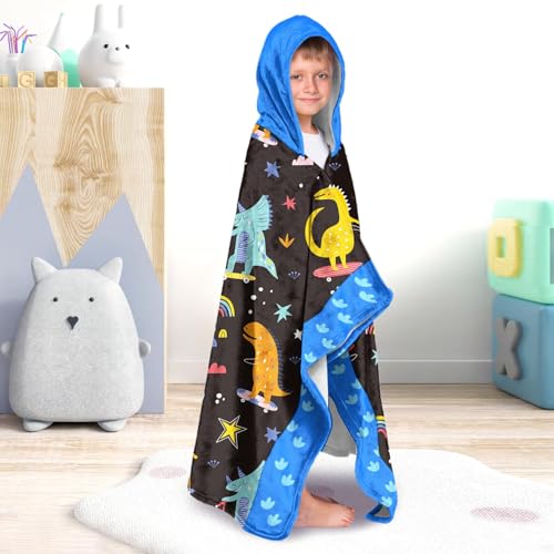 Image of Dinosaur Boys Beach Towel with Hoodie for Kids Toddlers Age 4-8,Dino Blue Bath Towels Shower Wrap for Boys, Hooded Poncho Beach Blanket for Pool Swimming Cute Wearable Bath Towel for Child