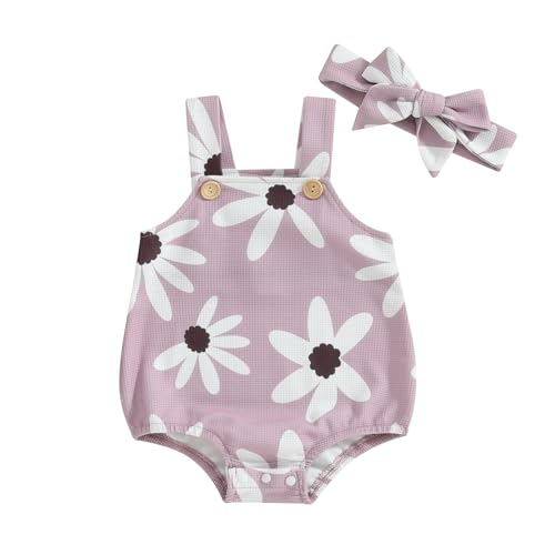 Tsnbre Newborn Infant Baby Girl Summer Clothes Sleeveless Daisy Print Overalls with Headband 2PC Infant Clothes Set (Purple, 0-3 Months)