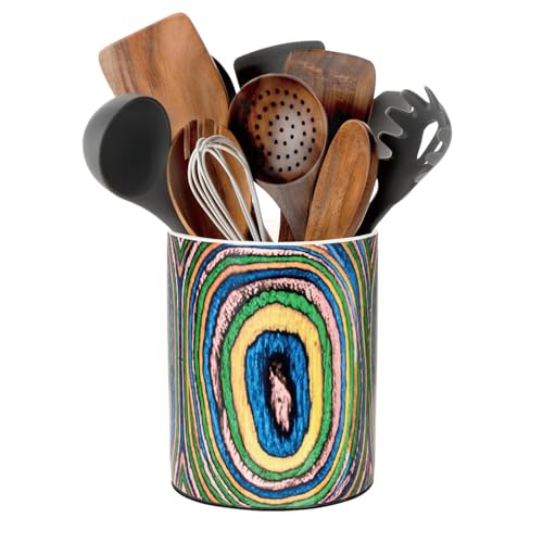 BOXJINCO Ceramic Utensil Holder, Bohemian Kitchen Countertop Organizer for Farmhouse Indoor Kitchen Decor, Designed Wooden Concentric Ringed Utensil Holder/Spoon Holder (6.5inch)