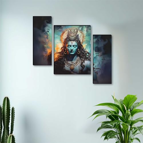 Image of SAF Lord Shiva Wall Painting - 3 Panel Spiritual Artwork | Mahadev Meditation Pose with Divine Aura | Hindu Devotional Wall Decor for Living Room, Bedroom, Pooja Room (20 x 12 Inch) JM-36109
