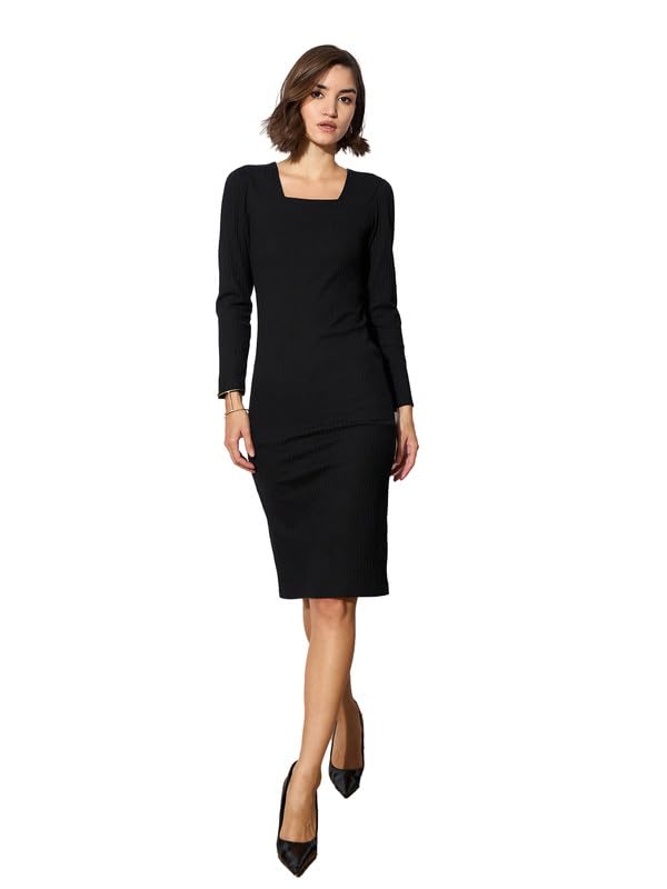 Image of barcino Black Rib Square Neck FS Midi Dress