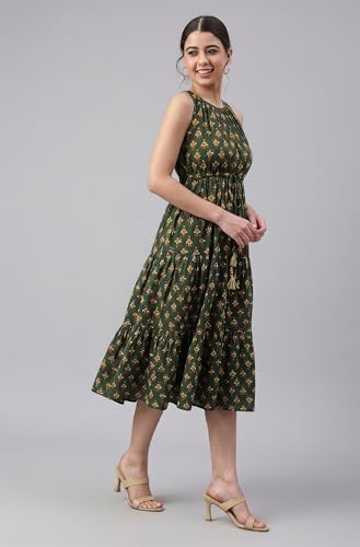 Image of Janasya Women's Blue Pure Cotton Floral Printed Tiered Dress