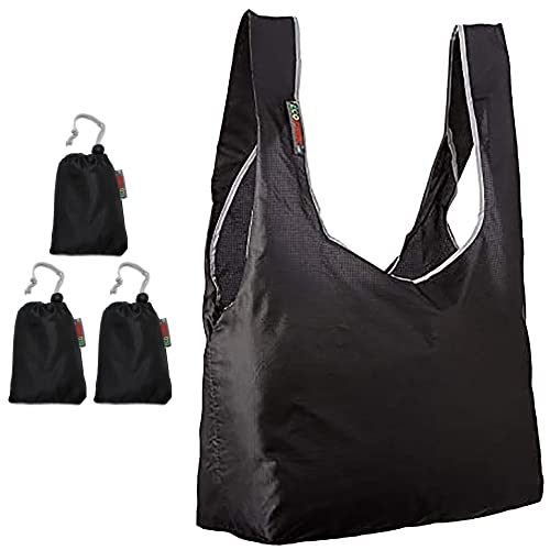 Ecojeannie 3 Pack Ripstop Nylon Foldable Reusable Bags Grocery Shopping Tote Bag, Built-in Pouch, RBS038 (Black-Black-Black)