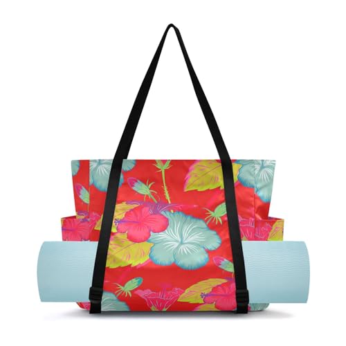 Lxqimora Hibiscus Leaves Energetic Red Yoga Mat Bag for Women Water-Resistant Gym Bag with Yoga Mat Holder Tote Bag for Yoga Mat Blocks